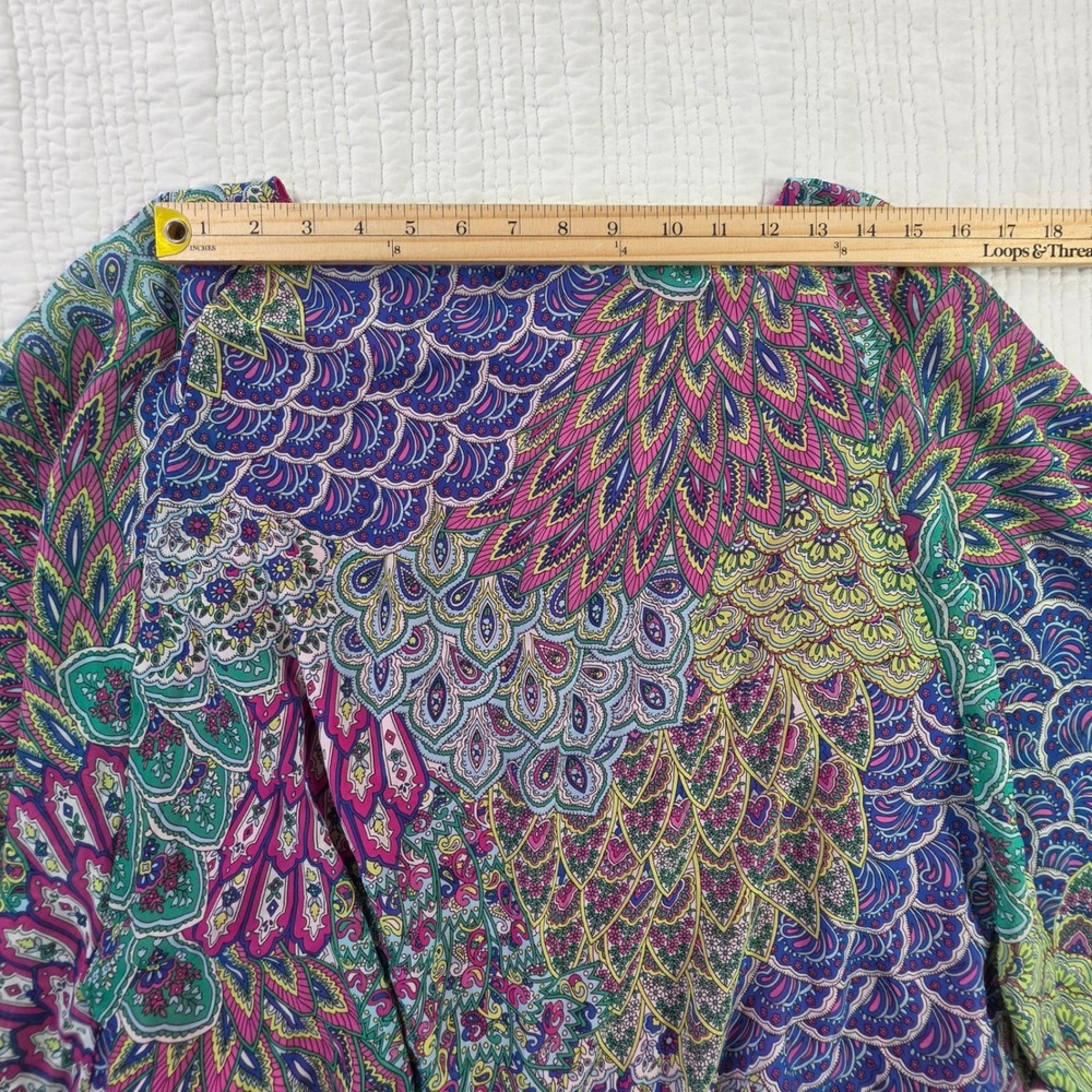 Chaus Womens Peacock Paisley Smocked Hem Flutter Sleeve Blouse Pink Purple XL - Picture 8 of 13